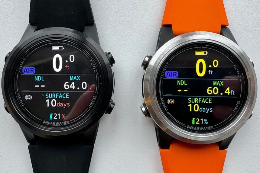 Two Shearwater Tern computers showing the same dive data screen in white and in yellow display colors