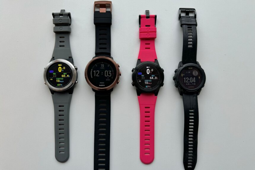 Tern Compared With Rival Dive Watches Four dive watches side by side including a Shearwater Tern on pink and a Suunto model for size comparison