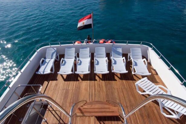 Sun loungers on the Aldebaran's bow deck with the Egyptian flag flying above