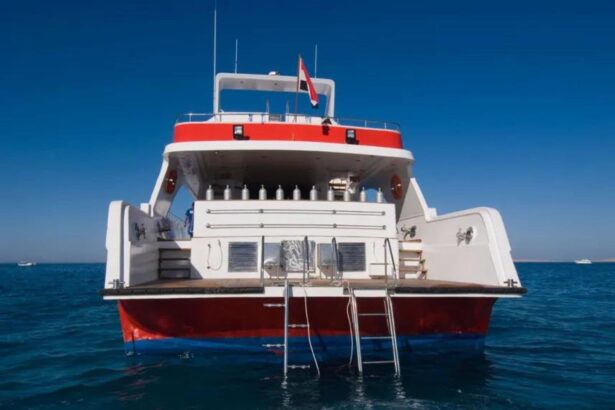 Rear view of the Aldebaran liveaboard anchored at sea