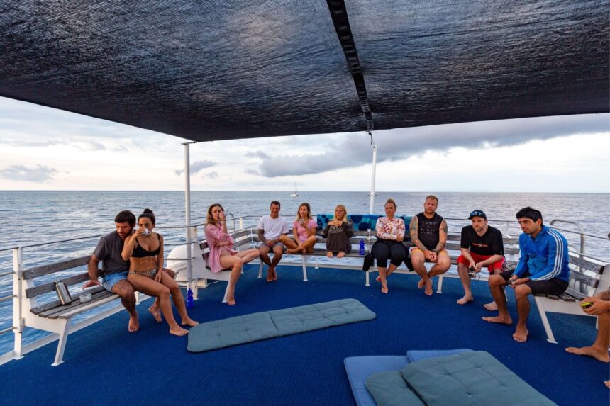 Guests relaxing on the shaded deck of the Pro Dive Cairns boat