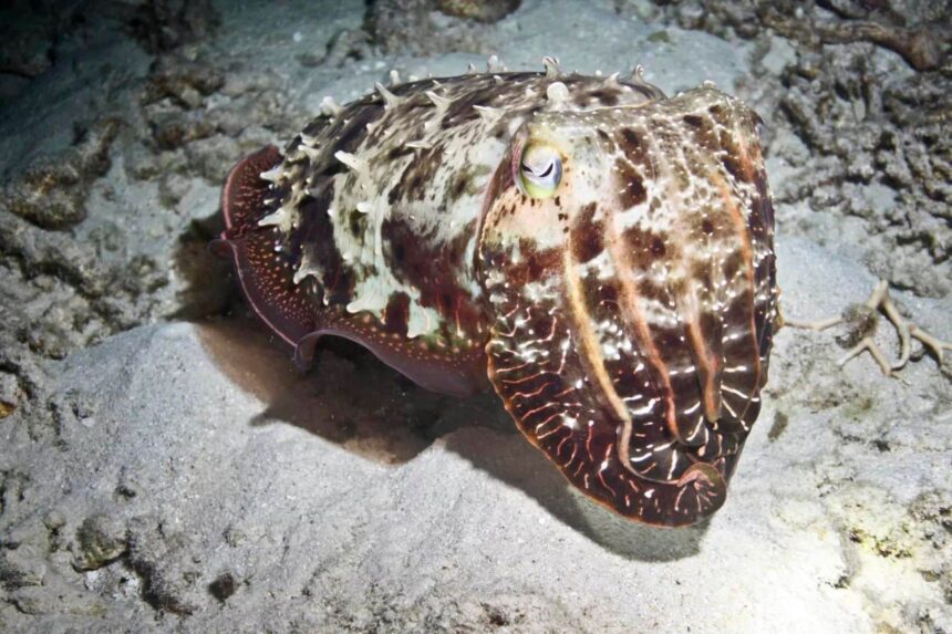 A cuttlefish resting camouflaged on a sandy seabed near coral rubble