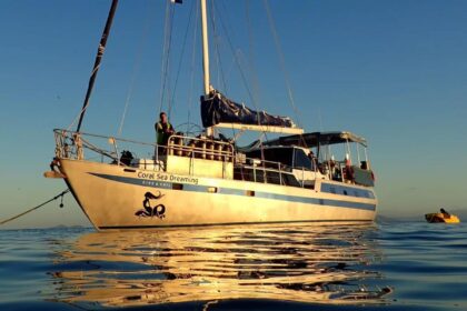 Coral Sea Dreaming liveaboard anchored at sunset with dive tanks on deck