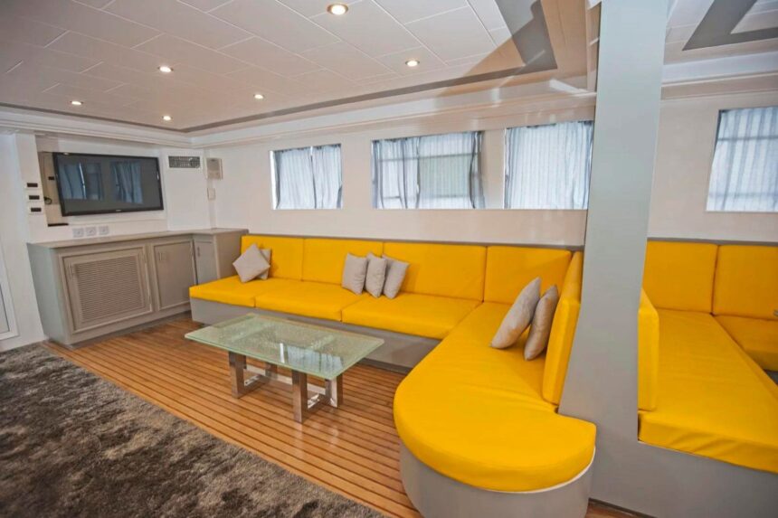 Yellow sofa seating and a flatscreen TV in the Discovery II's main salon