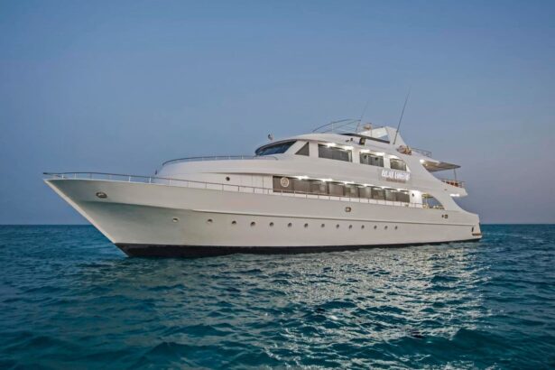The Discovery II liveaboard vessel anchored at sea in the evening light