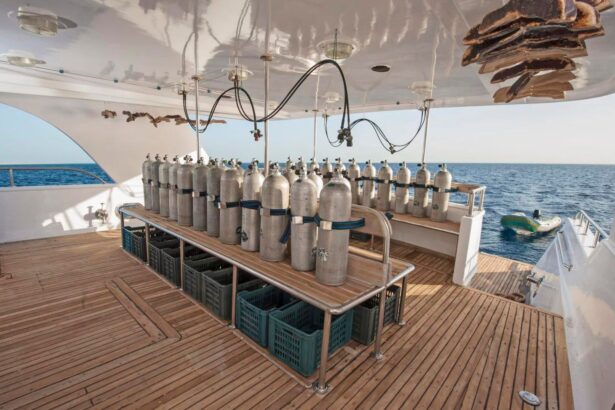 Rows of scuba tanks lined up on the Discovery II dive deck