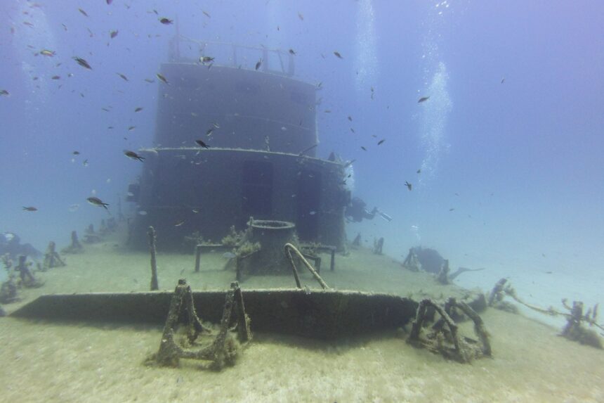 Wreck superstructure rising from the sand with small fish schooling around it