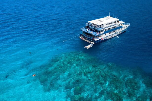 Aerial view of OceanQuest floating at the edge of a coral reef drop-off