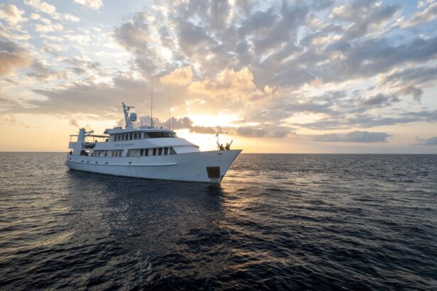 Spirit of Freedom liveaboard at sunset with guests gathered on the bow