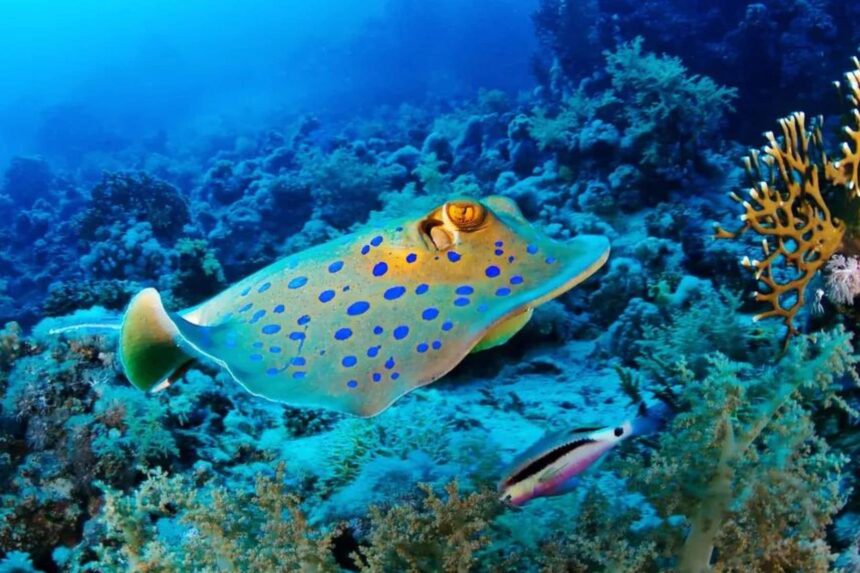 Bluespotted ribbontail ray resting on a coral reef