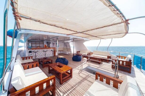 Covered deck lounge area with wooden bar and cushioned seating