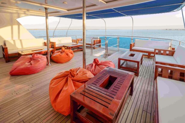 Shaded deck area with orange bean bags and wooden tables
