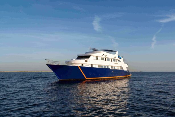 White and navy liveaboard dive boat at anchor on calm open water