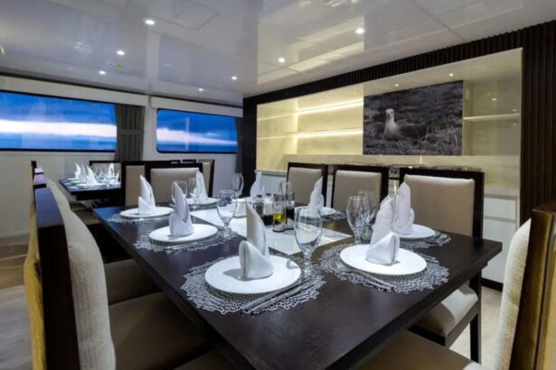 Dining table set for dinner aboard Galaxy Diver II