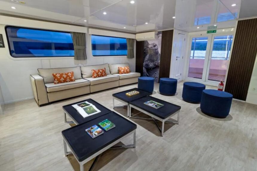 Onboard lounge with sofa seating and coffee tables aboard Galaxy Diver II