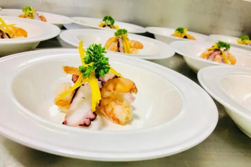 Plated shrimp and octopus appetizers served aboard Galaxy Diver II