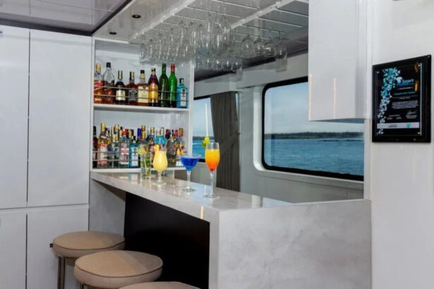 Bar stocked with liquor bottles and cocktails aboard Galaxy Diver II