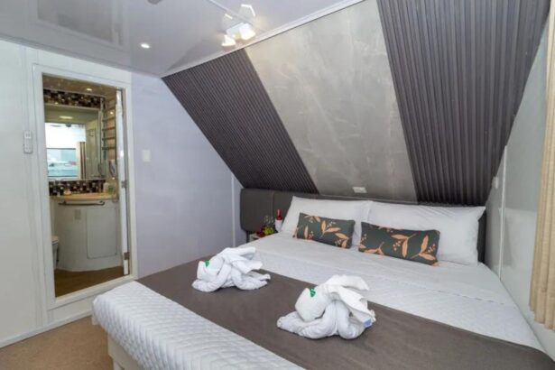Twin cabin with bunk beds and folded towels aboard Galaxy Diver II