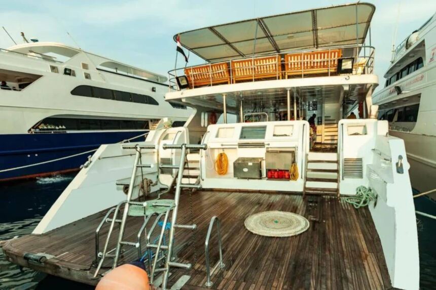 Stern dive deck with ladders aboard Titan docked among other liveaboards
