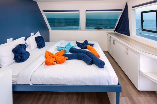 Cabin bed on the Titan liveaboard with towels folded into animal shapes
