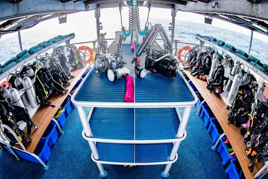 Fisheye view of the camera and gear table on the Spoilsport dive deck