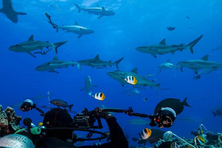Diver photographing a large school of grey reef sharks