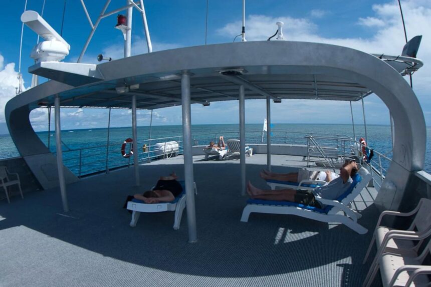 Sun deck of the Spoilsport liveaboard with loungers under a shade canopy