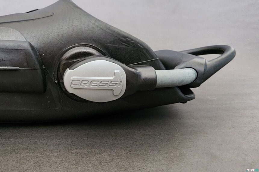 Cressi branded side plate where the bungee heel strap attaches to the Thor EBS foot pocket