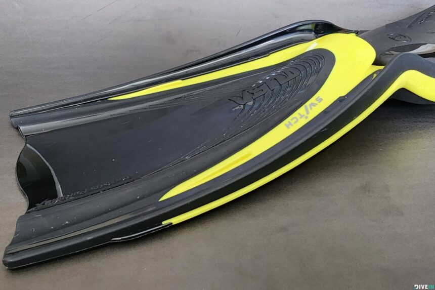 Underside of the TUSA Hyflex Switch blade showing the yellow rails and the Switch model name