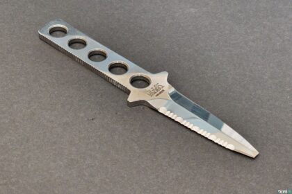 Tektite Tekna Ocean Edge dive knife, a one-piece steel blade with five holes through the handle