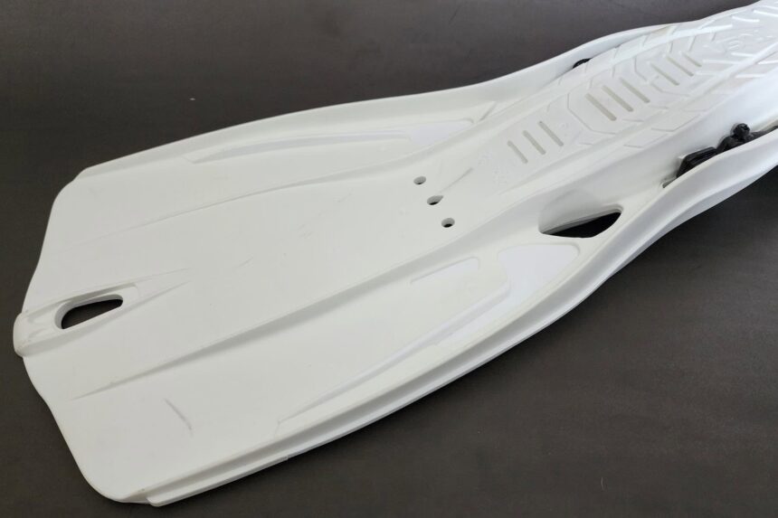 Underside of the TUSA Travel Right fin showing the ribbed blade channels