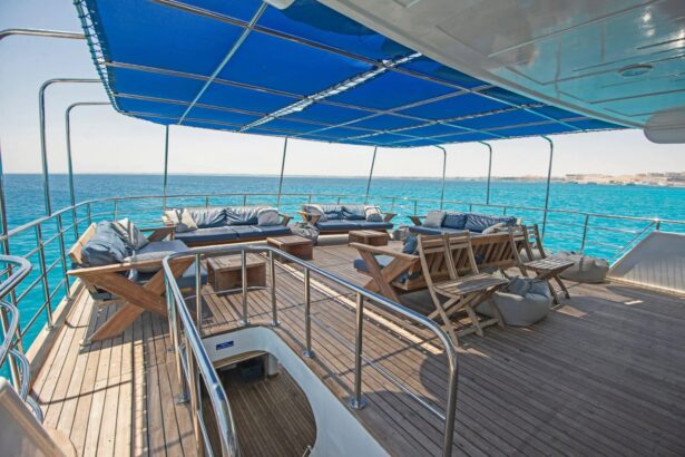 Shaded sun deck with lounge chairs and a blue canopy aboard the Blue Horizon
