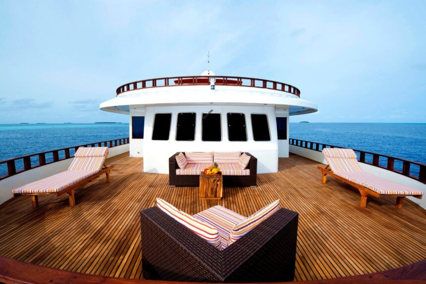 Aft deck lounge seating aboard MV Theia overlooking the open sea