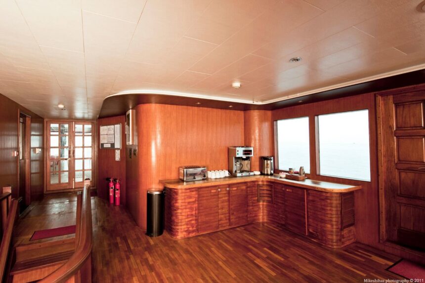 Galley counter aboard MV Theia set up with breakfast appliances