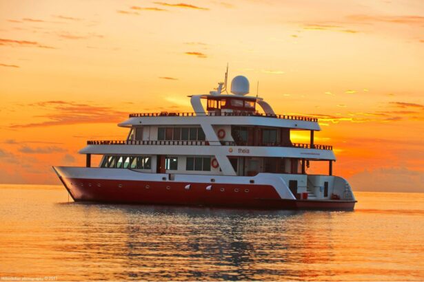 MV Theia liveaboard cruising across calm water at sunset