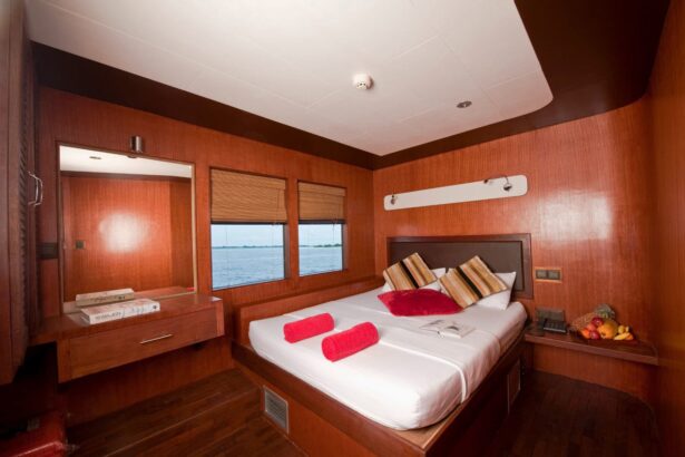 Ensuite cabin aboard MV Theia with a bed dressed in red pillows and a fruit basket
