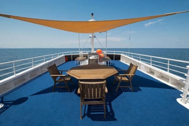 Shaded alfresco dining table on MV Oceania's sundeck