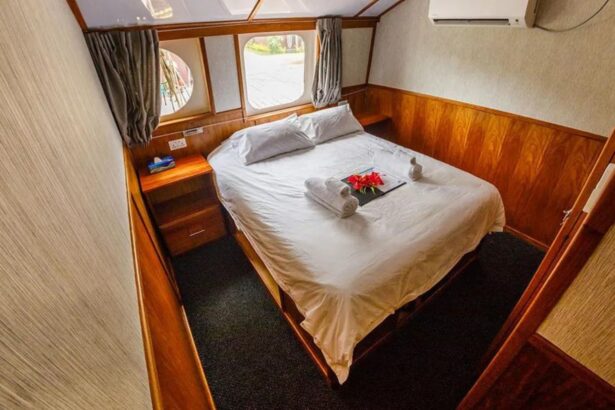 Guest cabin aboard MV Oceania with a bed dressed in white linens and a welcome flower