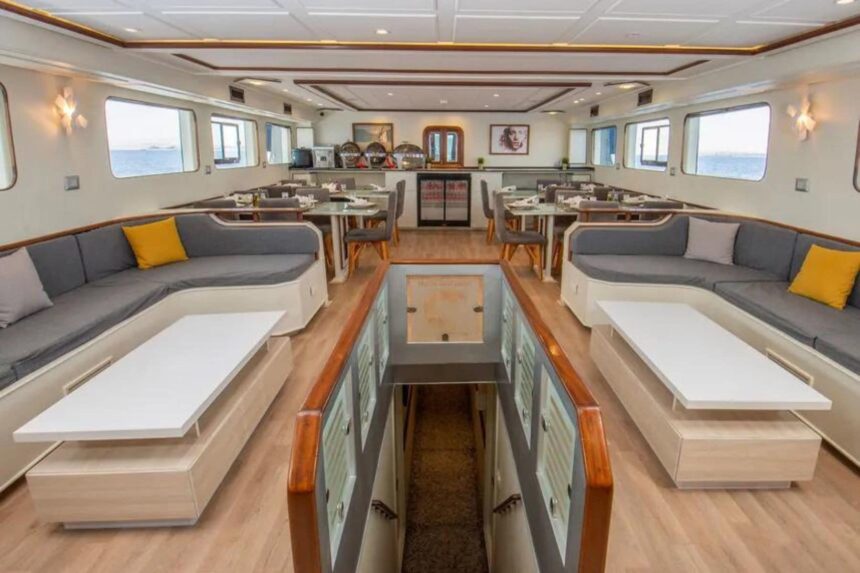 lounge and dining seating area aboard the Sea Serpent liveaboard