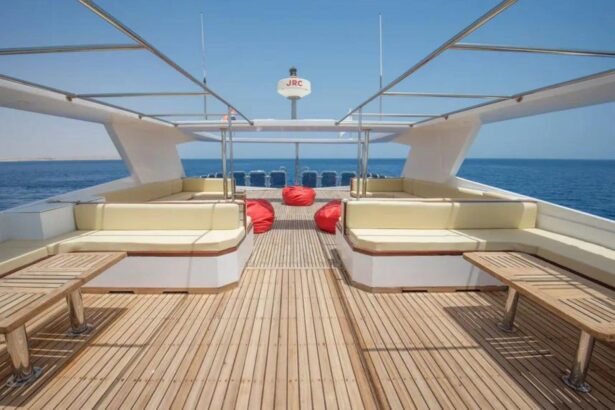 sun deck with red bean bags and ocean view aboard the Sea Serpent