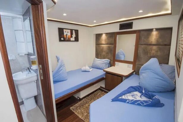 cabin with blue bedding and en suite bathroom aboard the Sea Serpent