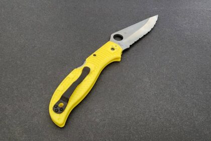 Spyderco Stretch 2XL Lightweight Salt open, with fully serrated blade and bright yellow handle