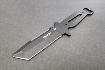 Mares Maximus dive knife with a blunt tanto style blade, serrated edge and skeletonized steel handle