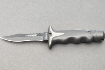 Cressi Predator dive knife with a black coated stainless blade and contoured black handle