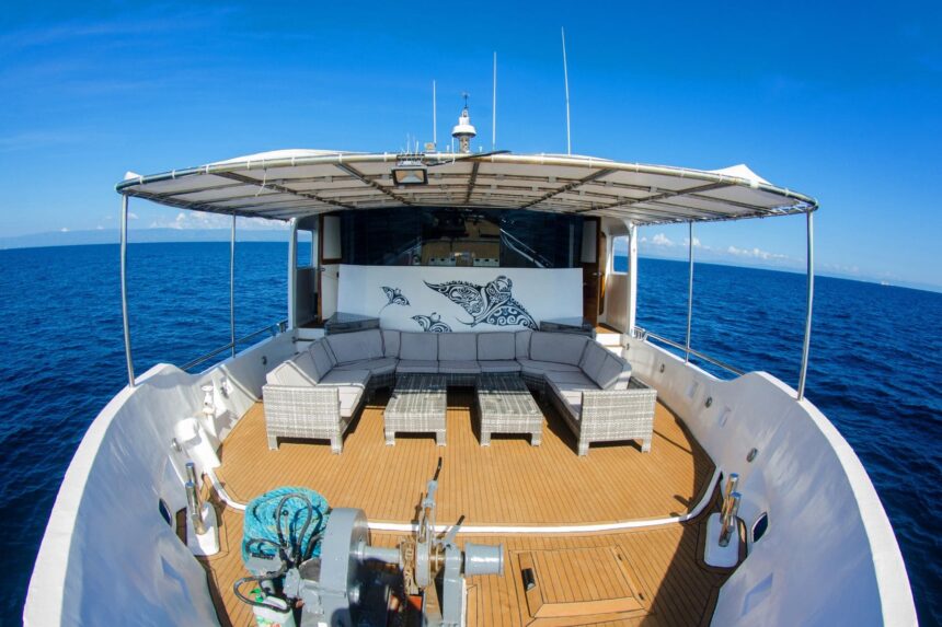 bow deck lounge seating with manta ray mural aboard the Seadoors