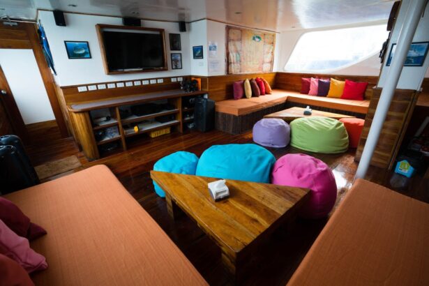 colorful bean bag lounge with television aboard the Seadoors
