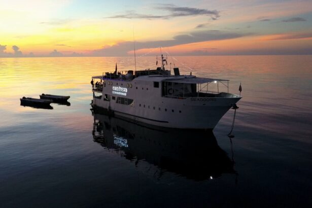 aerial view of the Seadoors liveaboard anchored at sunset