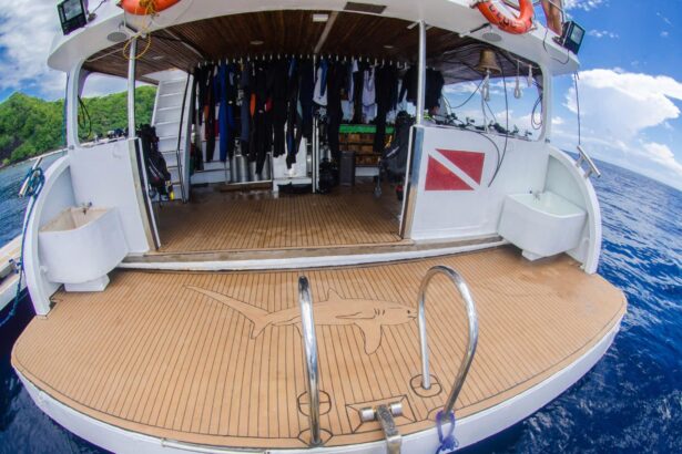 dive deck with wetsuits hanging and a shark painted on the swim platform aboard the Seadoors