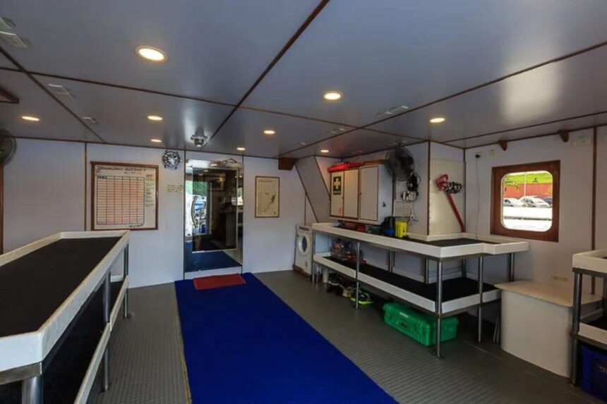 equipment prep room with rinse tanks aboard the MV Ocean Hunter III