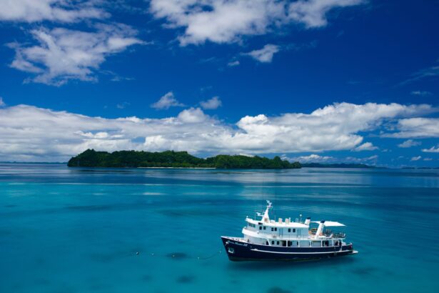 Aerial view of the Ocean Hunter III anchored in turquoise water near a green island